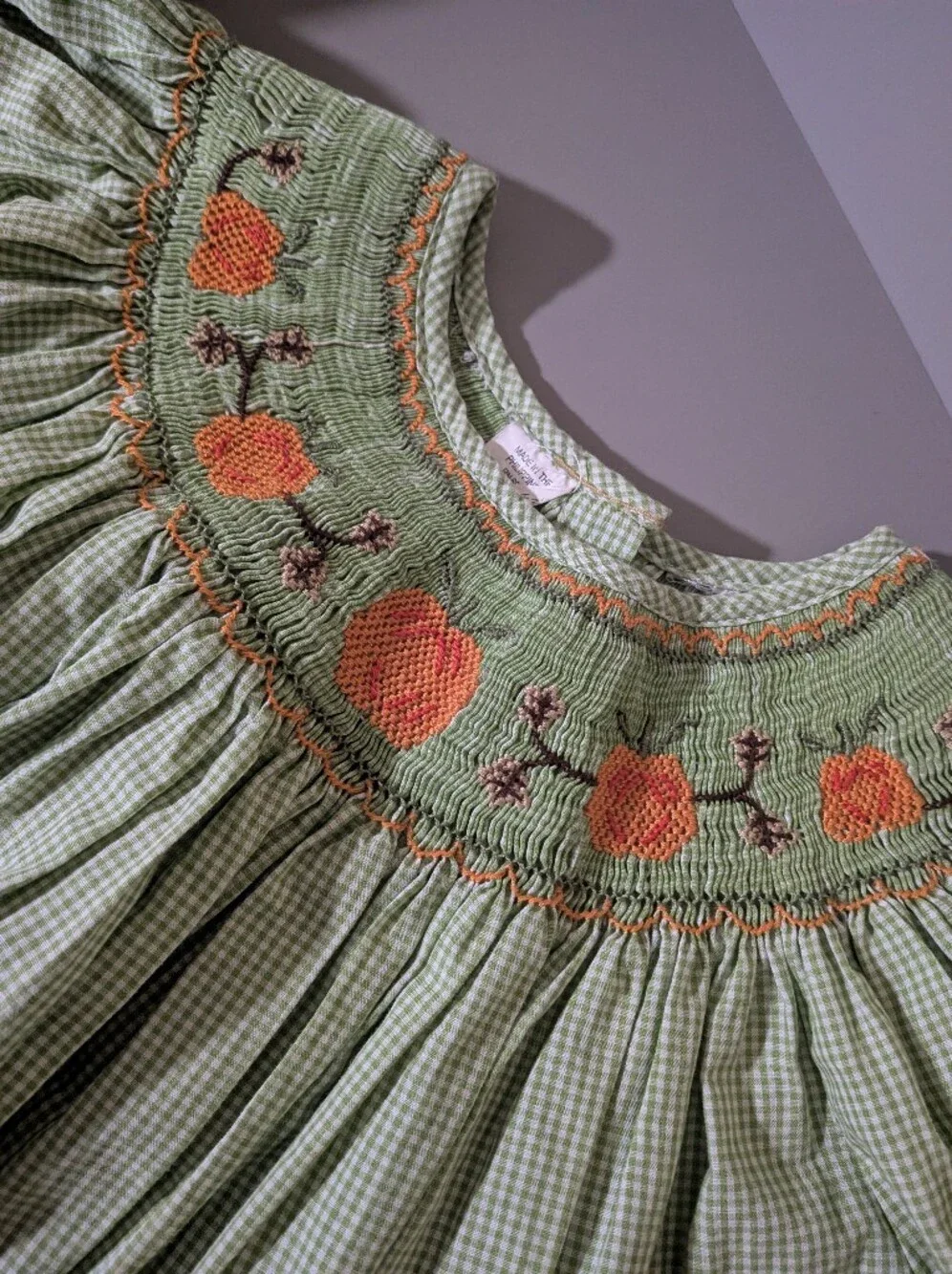 Girls' Green Gingham Smocked Pumpkin Dress 6